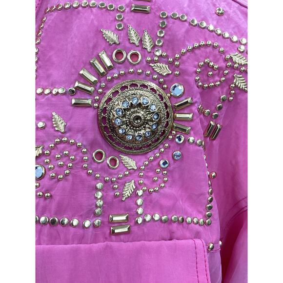 VTG Caché Romper Women’s SZ S Long Sleeve Gold Rivets &Studs Rhinestones Pink - Picture 6 of 7